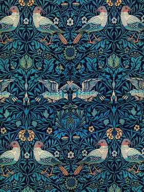 High-quality Giclée reproduction of William Morris's repeating textile pattern 'Birds' (1878), featuring blue and teal birds nested within densely interwoven dark blue foliage and yellow flowers, Arts and Crafts design.