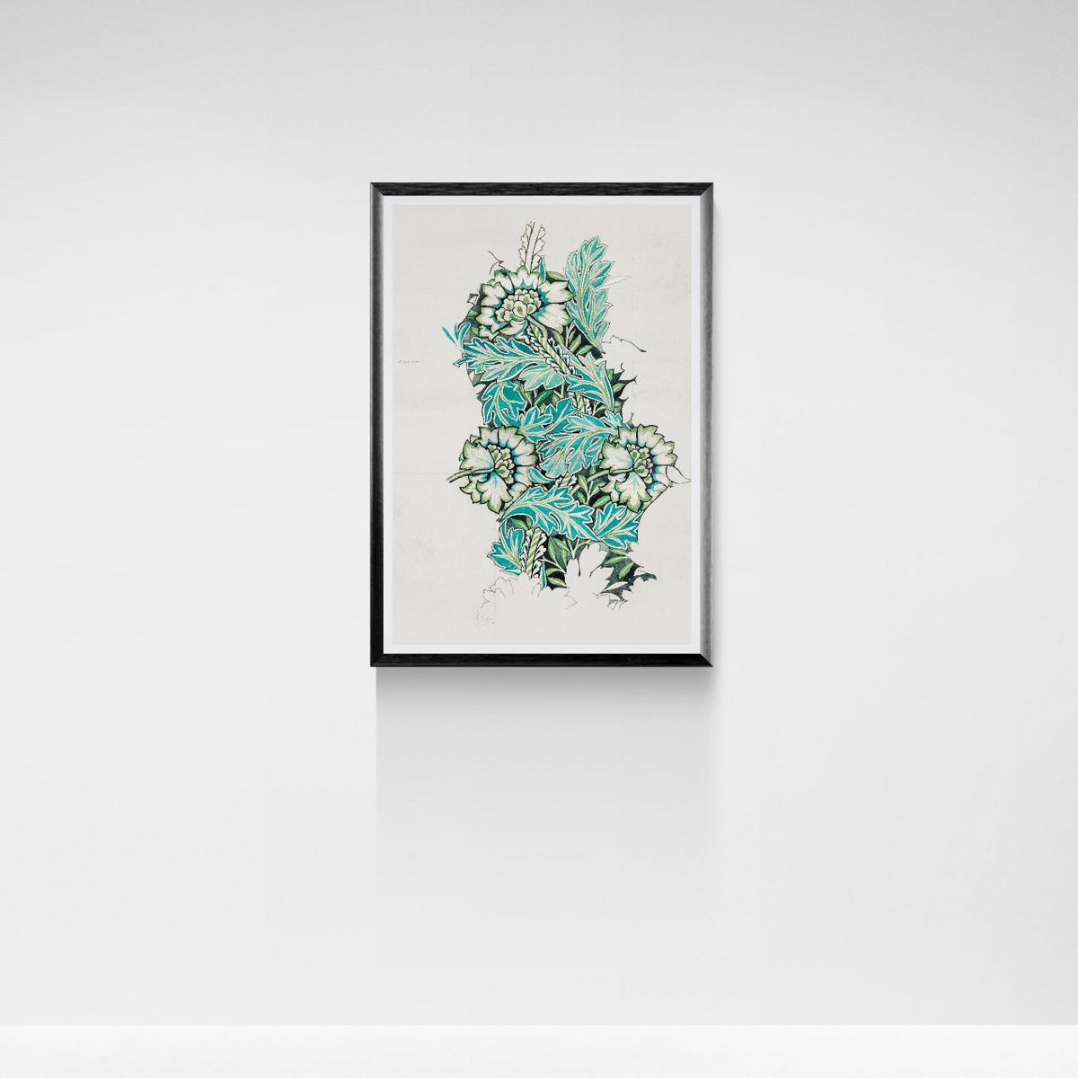 Framed artwork with teal and green abstract design on a white wall