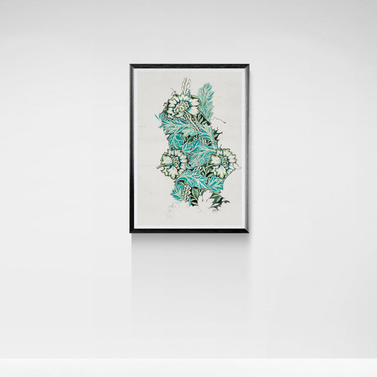 Framed artwork with teal and green abstract design on a white wall