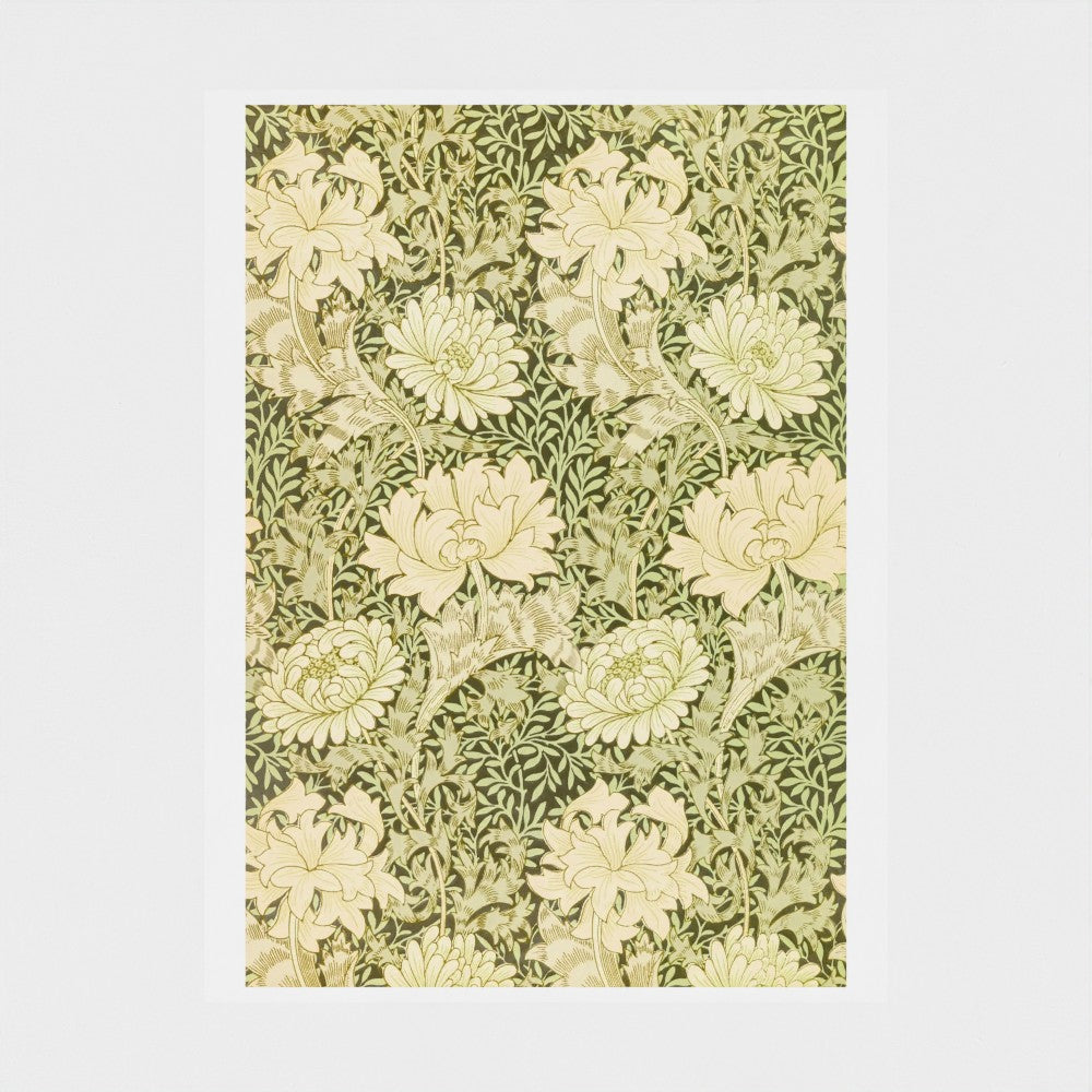 Floral patterned fabric swatch with green and beige colors on a white background