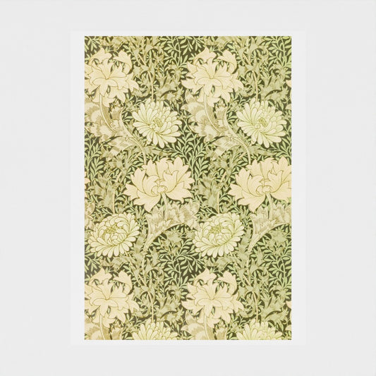 Floral patterned fabric swatch with green and beige colors on a white background
