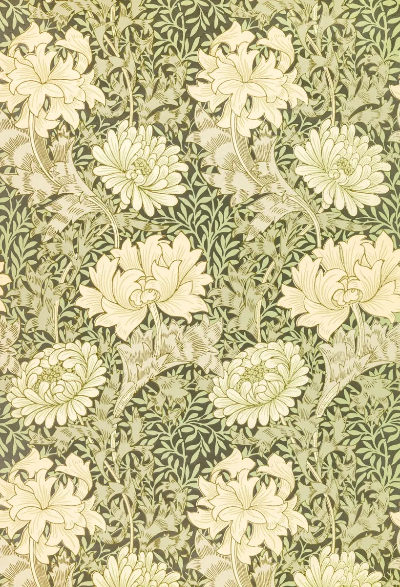Museum-quality Giclée reproduction of William Morris's 1877 'Chrysanthemum' pattern, featuring large cream and pale green flowers and foliage on a dark background, typical of the Arts and Crafts aesthetic.
