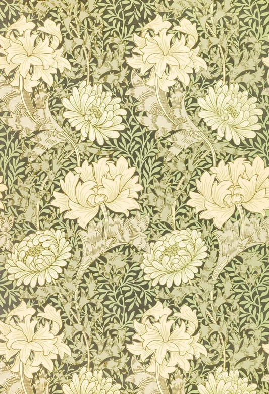 Museum-quality Giclée reproduction of William Morris's 1877 'Chrysanthemum' pattern, featuring large cream and pale green flowers and foliage on a dark background, typical of the Arts and Crafts aesthetic.