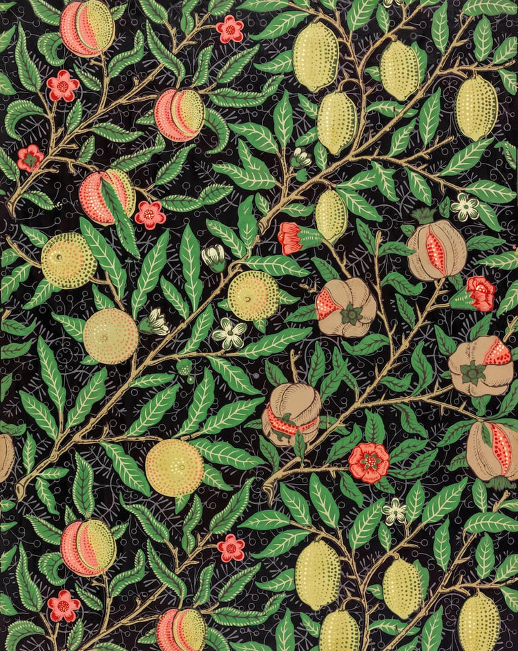 A repeating botanical pattern featuring green leaves, tan and yellow fruits, and small pink flowers on a black background.