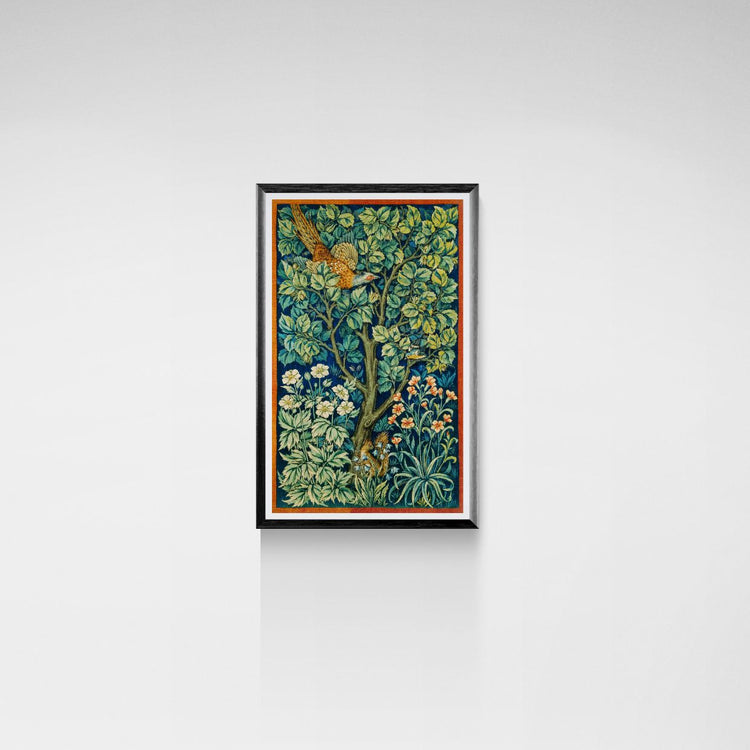 Framed artwork with a floral design on a white wall