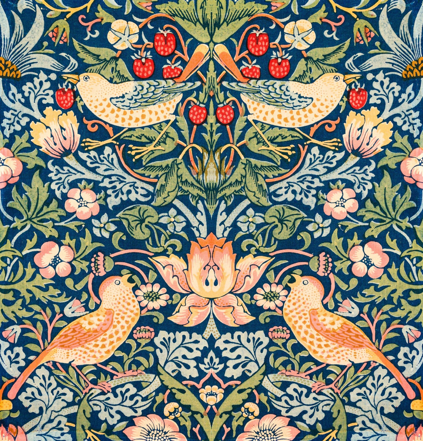 High-quality Giclée reproduction of William Morris's 'Strawberry Thief' textile design (1883), a repeating pattern of yellow and orange birds among lush foliage and red strawberries against a deep blue background.