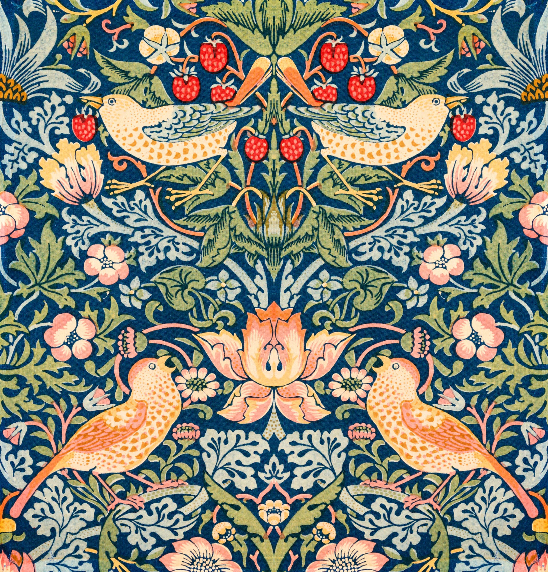 High-quality Giclée reproduction of William Morris's 'Strawberry Thief' textile design (1883), a repeating pattern of yellow and orange birds among lush foliage and red strawberries against a deep blue background.