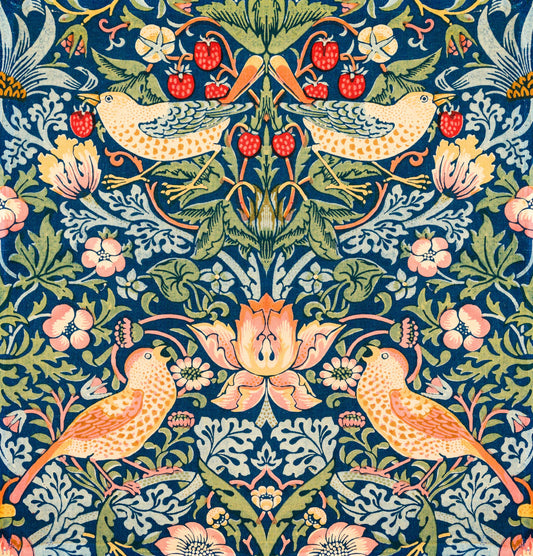 High-quality Giclée reproduction of William Morris's 'Strawberry Thief' textile design (1883), a repeating pattern of yellow and orange birds among lush foliage and red strawberries against a deep blue background.
