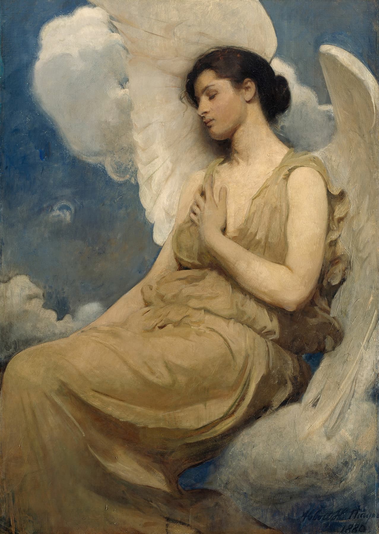 Painting of an angel in a flowing dress with wings against a blue sky.