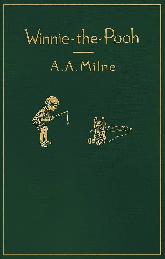 High-quality Giclée reproduction of the dark green Winnie-the-Pooh first edition book cover, featuring the title, author A.A. Milne, and E.H. Shepard's illustration of Christopher Robin and Pooh fishing.
