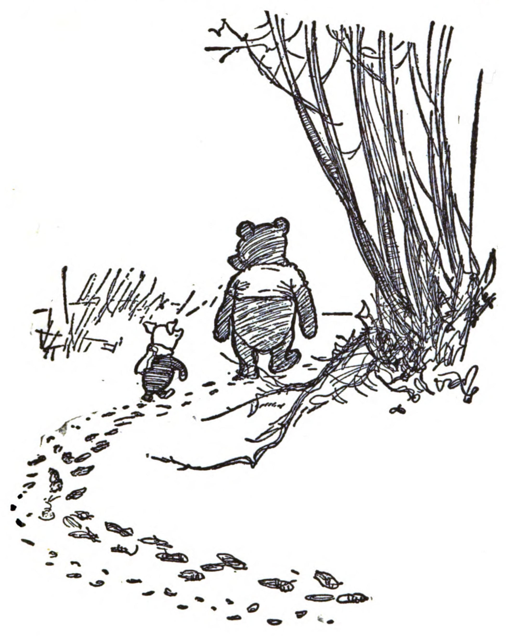 Winnie the Pooh print Illustration of Pooh and Piglet walking along a snowy path.