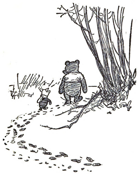 Illustration of two bear cubs walking along a path with grass and branches on a white background
