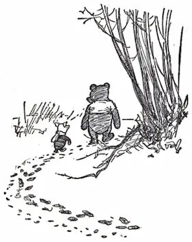 Illustration of Winnie the Pooh and piglet walking along a snowy path with footprints.