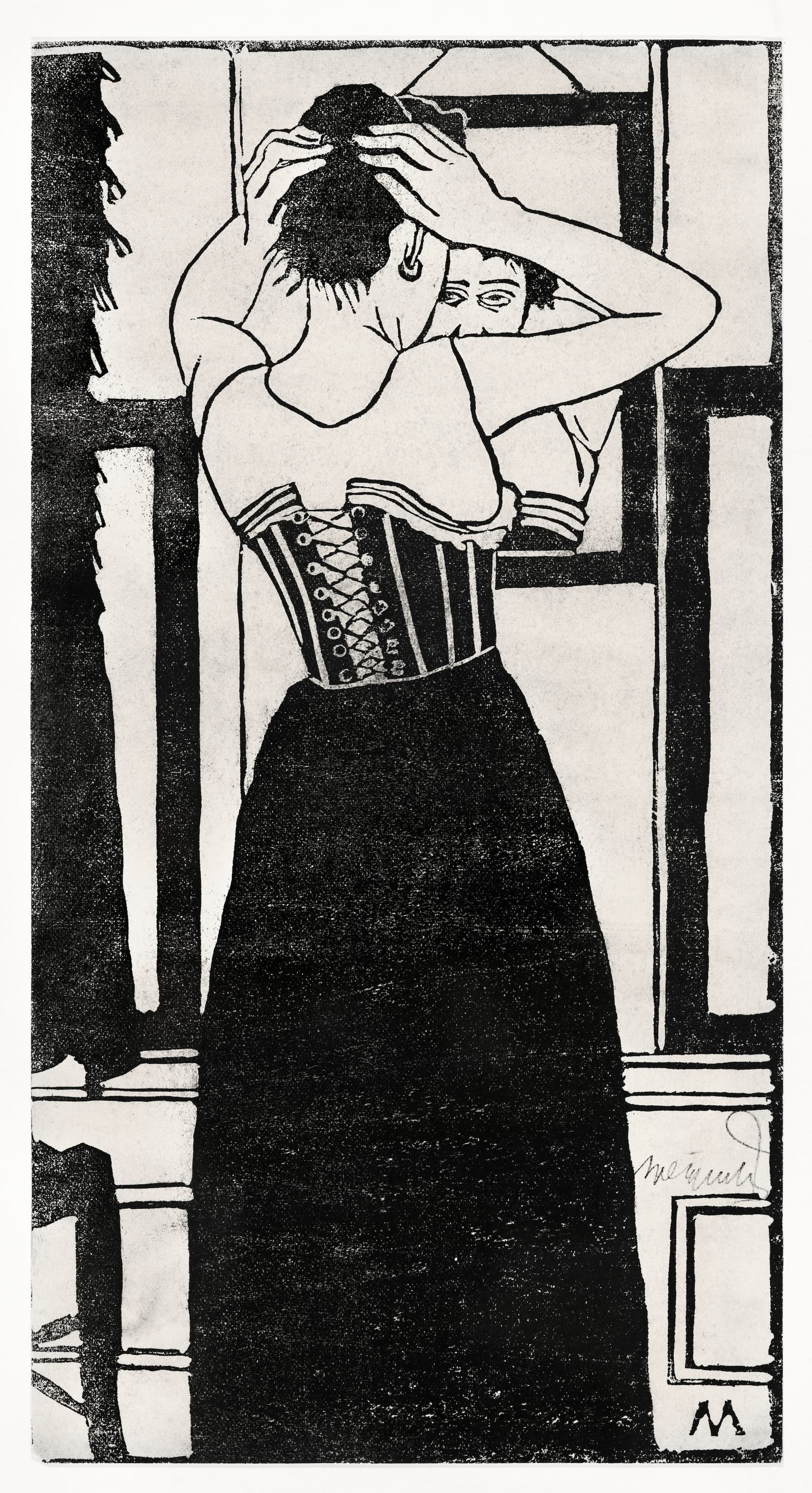 Artistic depiction of a woman wearing a corset in a stylized setting