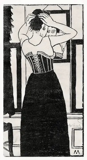 Black and white illustration of a woman wearing a corset and long skirt.