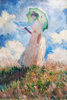 Painting of a woman with a green umbrella standing in a field with a blue sky.