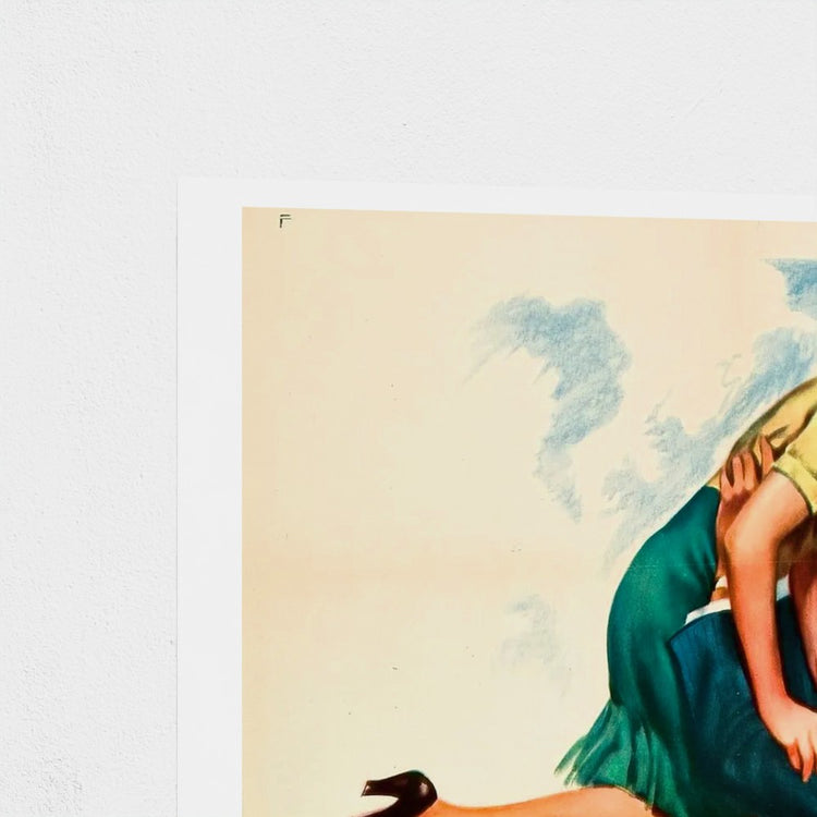 Artistic depiction of a woman in a green dress against a sky background