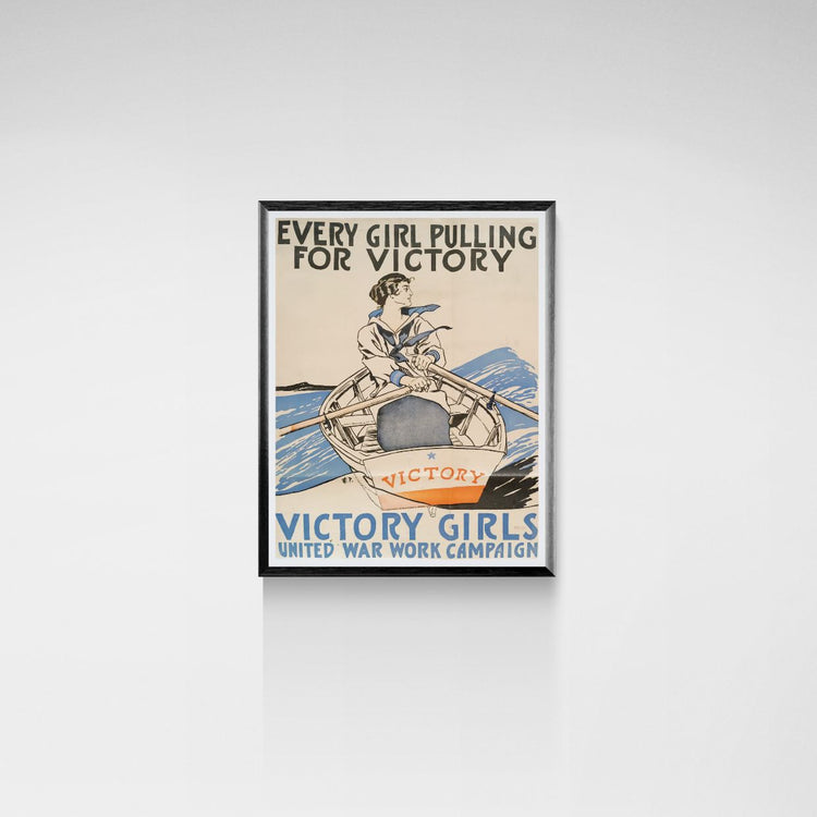 Framed vintage poster with 'Every Girl Pulling for Victory' text and graphic on a white wall.