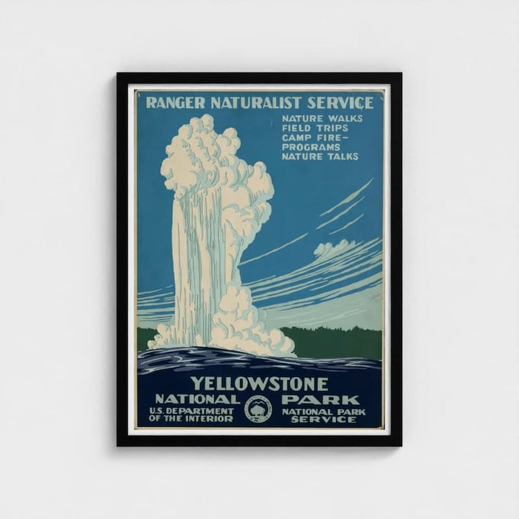Yellowstone National Park poster with a vintage design featuring a waterfall.