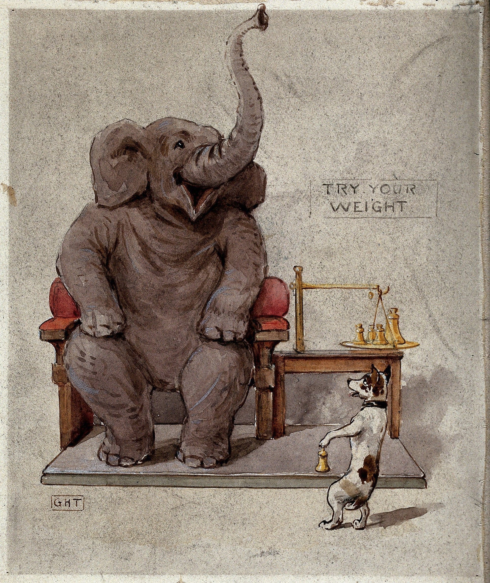 Elephant being weighed by a dog (1900s) | Vintage elephant prints | George Hope Tait Posters, Prints, & Visual Artwork The Trumpet Shop   