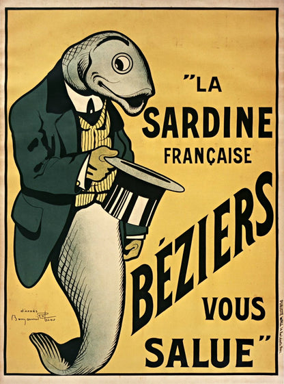 Sardines vintage French poster reproduction (1920s) | Kitchen artwork | Benjamin Rabier