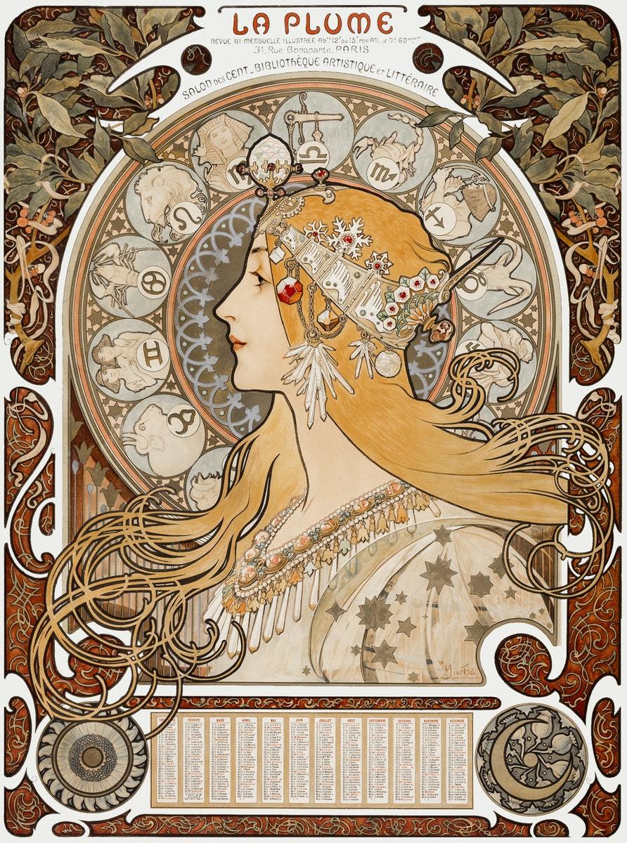 La Plume (Zodiac) (1896) | Alphonse Mucha | Art Nouveau print  The Trumpet Shop   