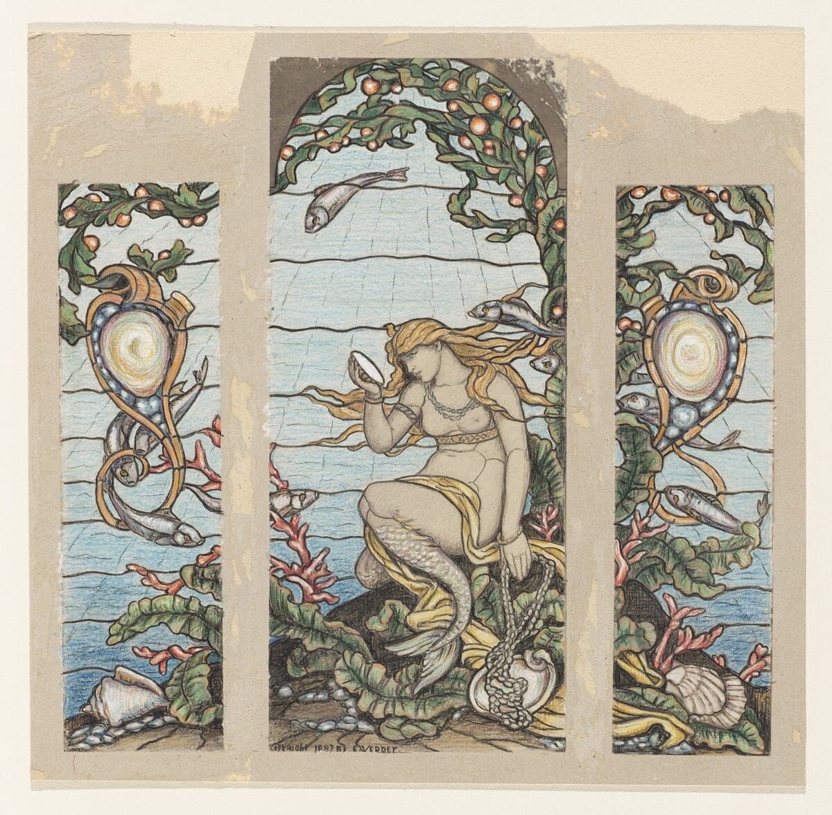 Study for Tiffany & Co stained glass design (c1880) | Mermaid wall art print Posters, Prints, & Visual Artwork The Trumpet Shop   