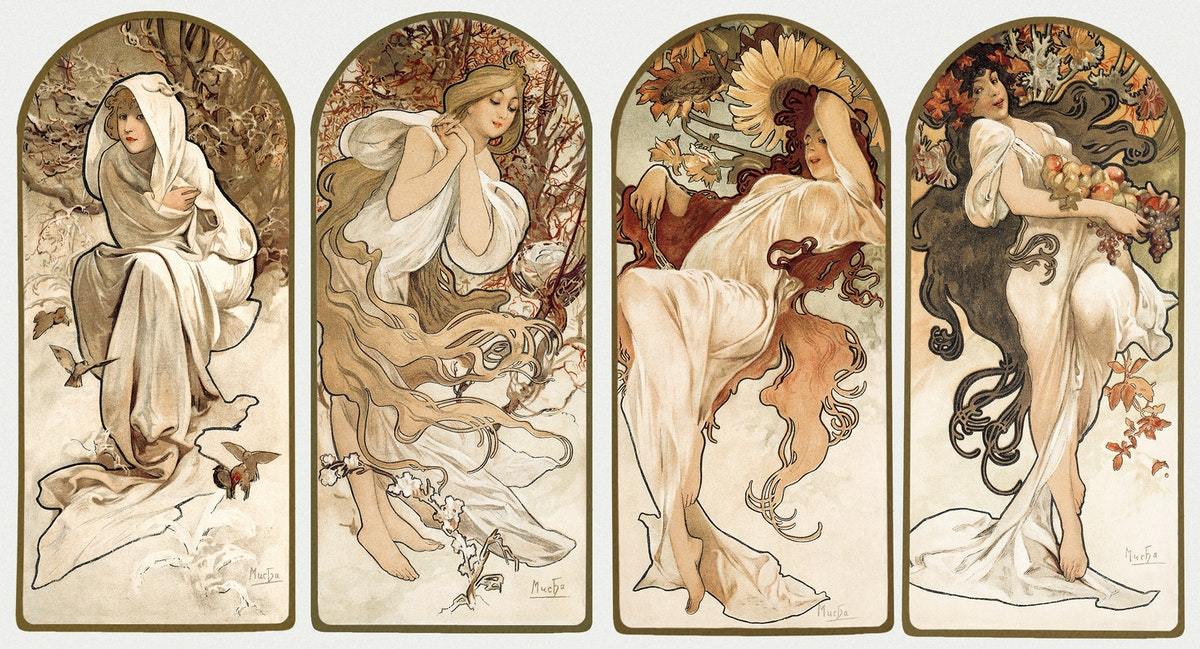 Mucha "Four Seasons" print (1890s) | Alphonse Mucha prints Posters, Prints, & Visual Artwork The Trumpet Shop   