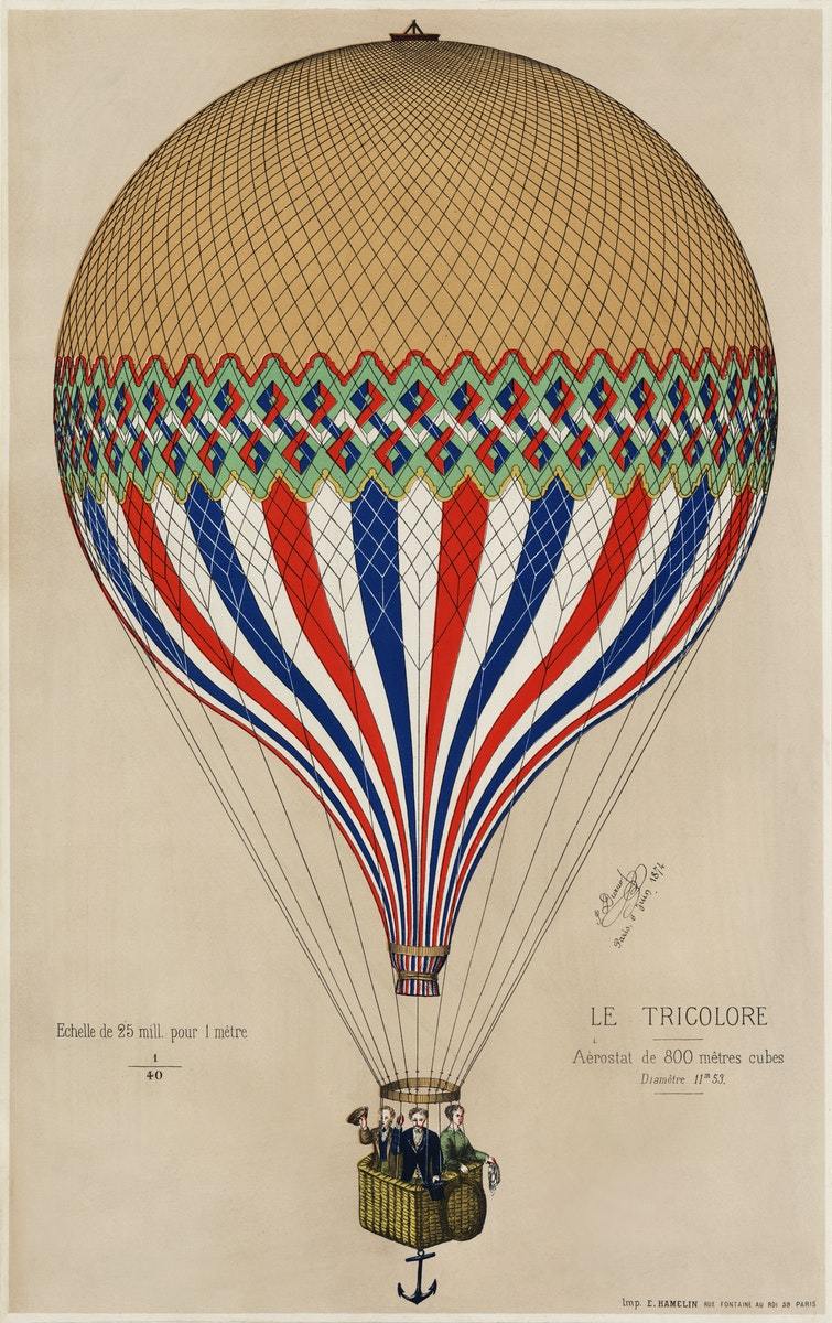 French flag themed hot air balloon art print (1874 )  The Trumpet Shop   